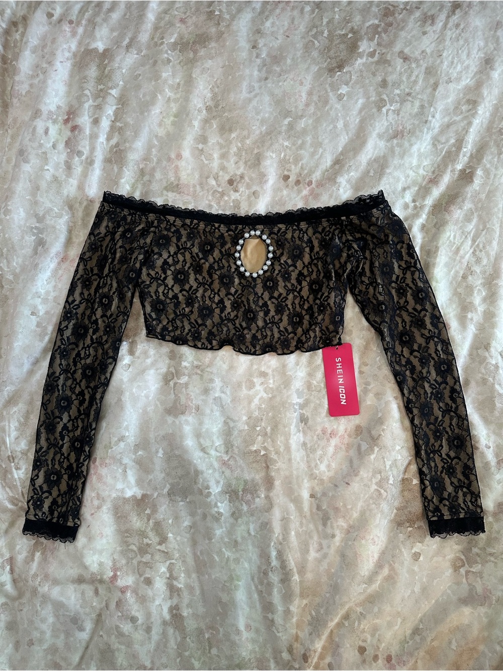 SHEIN Black Lace Off-Shoulder Cropped Top with Pearl Keyhole
